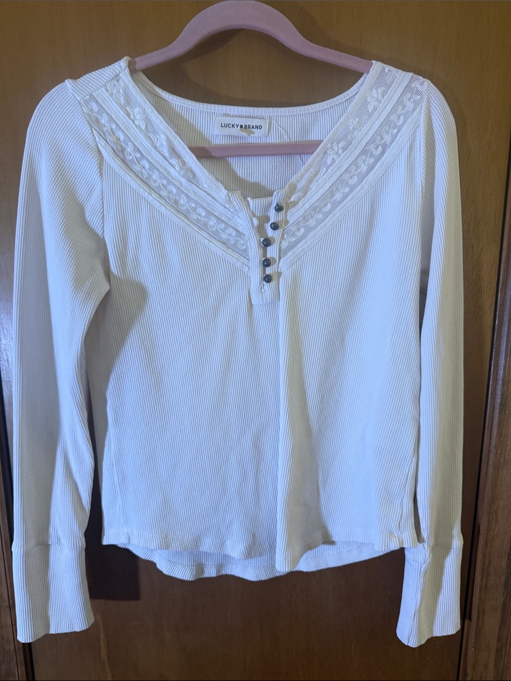 Lucky Brand Cream Long-Sleeve Ribbed Henley with Lace Yoke